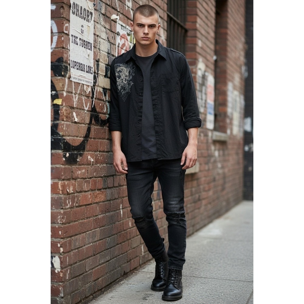 Elixir Skull Button Down Shirt Mens L Black Embroidered Wings Y2K Mall Goth LS